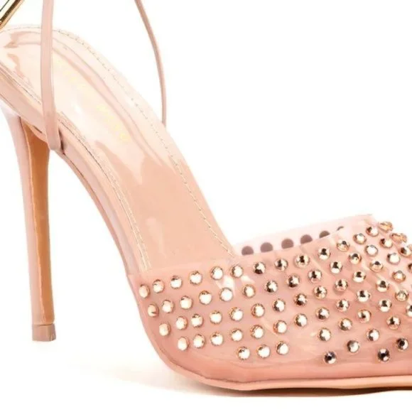Callie Nude Rhinestone Sling Bling: PVC Stiletto Pumps 8 / 8.5 - Picture 2 of 5